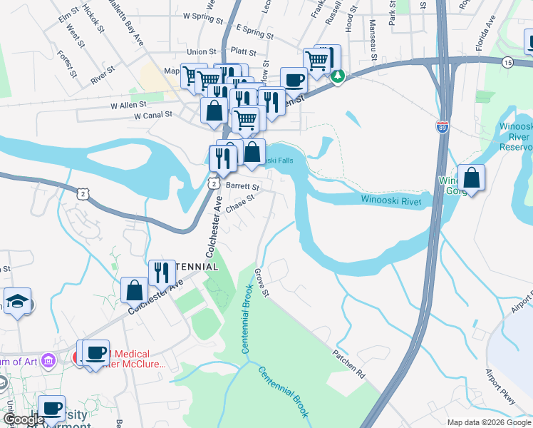 map of restaurants, bars, coffee shops, grocery stores, and more near 26 Grove Street in Burlington
