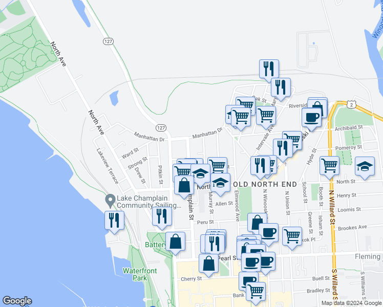 map of restaurants, bars, coffee shops, grocery stores, and more near 216 North Champlain Street in Burlington