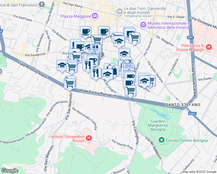 map of restaurants, bars, coffee shops, grocery stores, and more near 48 Via Solferino in Bologna