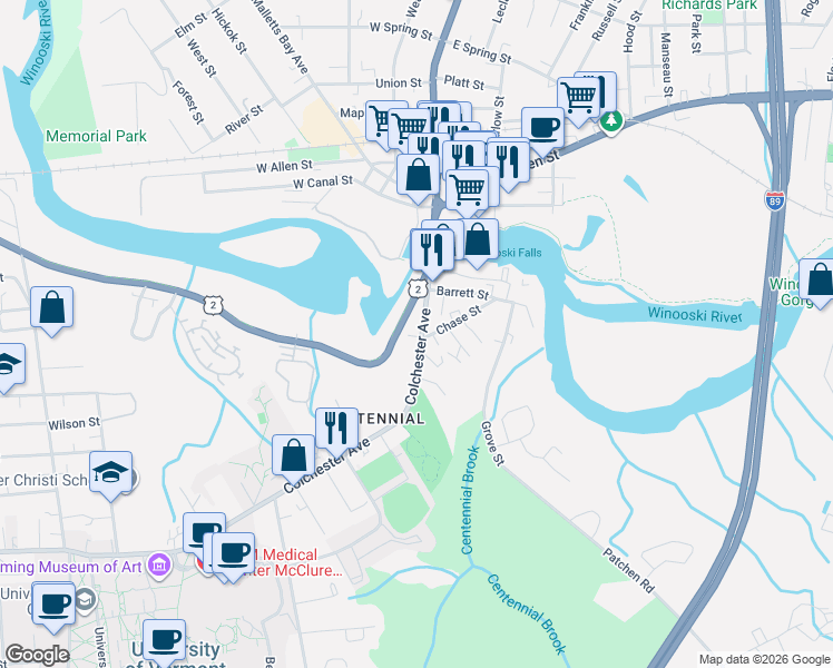 map of restaurants, bars, coffee shops, grocery stores, and more near 445 Colchester Avenue in Burlington