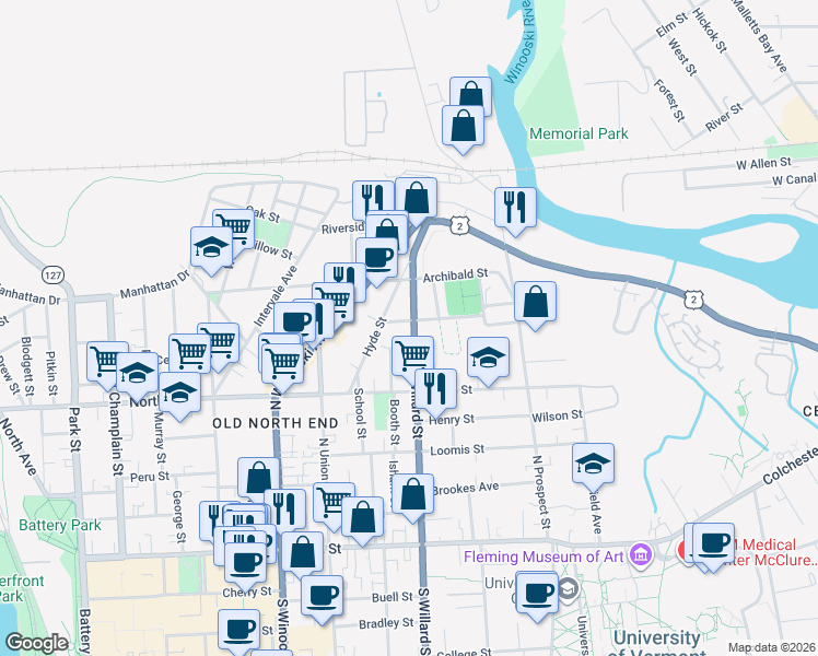 map of restaurants, bars, coffee shops, grocery stores, and more near 215 North Willard Street in Burlington
