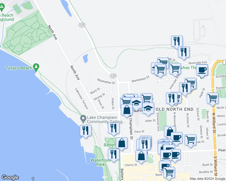 map of restaurants, bars, coffee shops, grocery stores, and more near 225 Park Street in Burlington