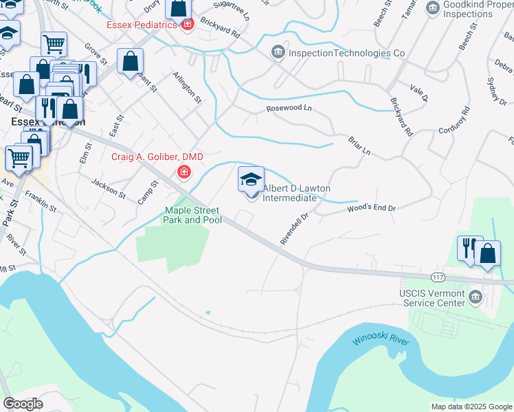 map of restaurants, bars, coffee shops, grocery stores, and more near 104 Maple Street in Essex
