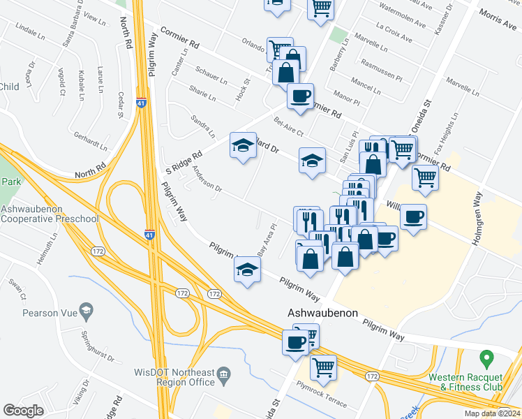map of restaurants, bars, coffee shops, grocery stores, and more near Anderson Drive in Ashwaubenon