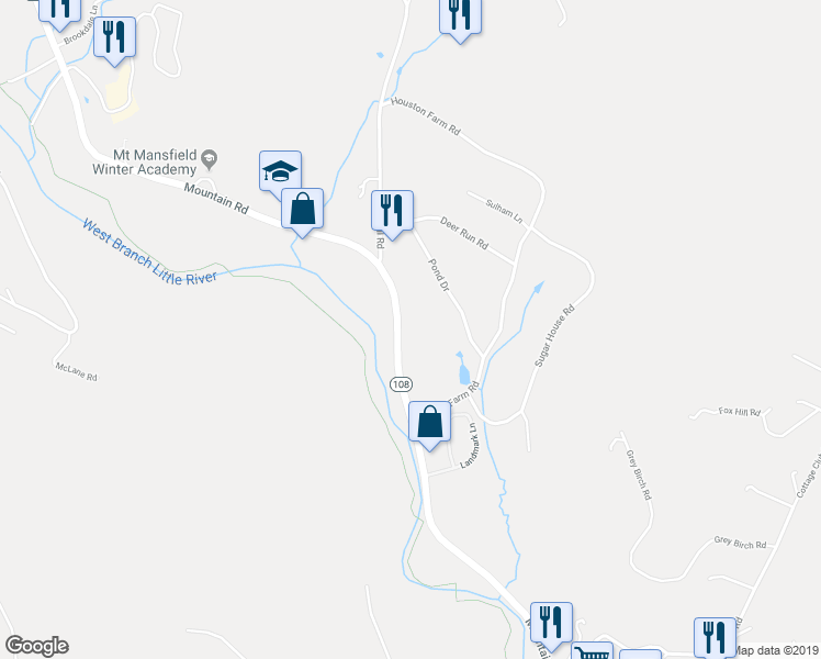 map of restaurants, bars, coffee shops, grocery stores, and more near 3068 Mountain Rd in Stowe
