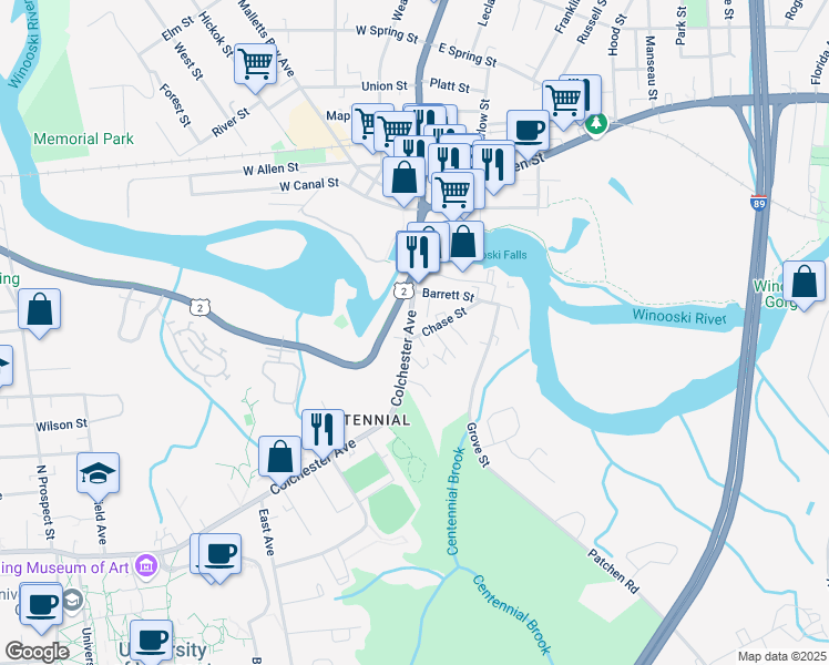 map of restaurants, bars, coffee shops, grocery stores, and more near 445 Colchester Avenue in Burlington
