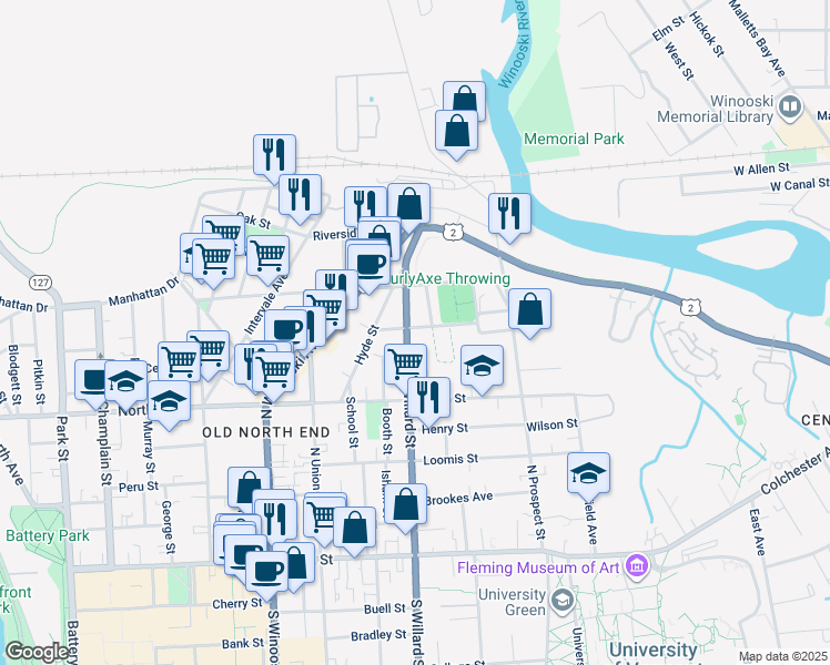 map of restaurants, bars, coffee shops, grocery stores, and more near 215 North Willard Street in Burlington