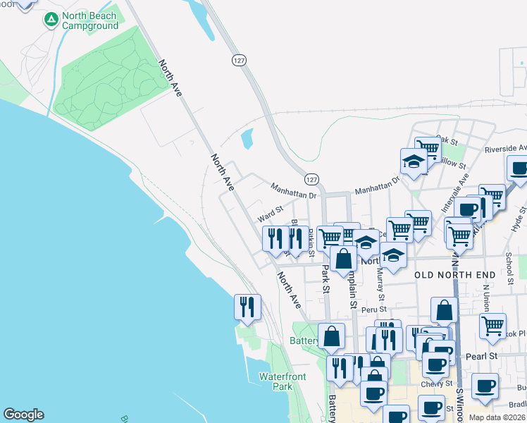 map of restaurants, bars, coffee shops, grocery stores, and more near 40 Ward Street in Burlington