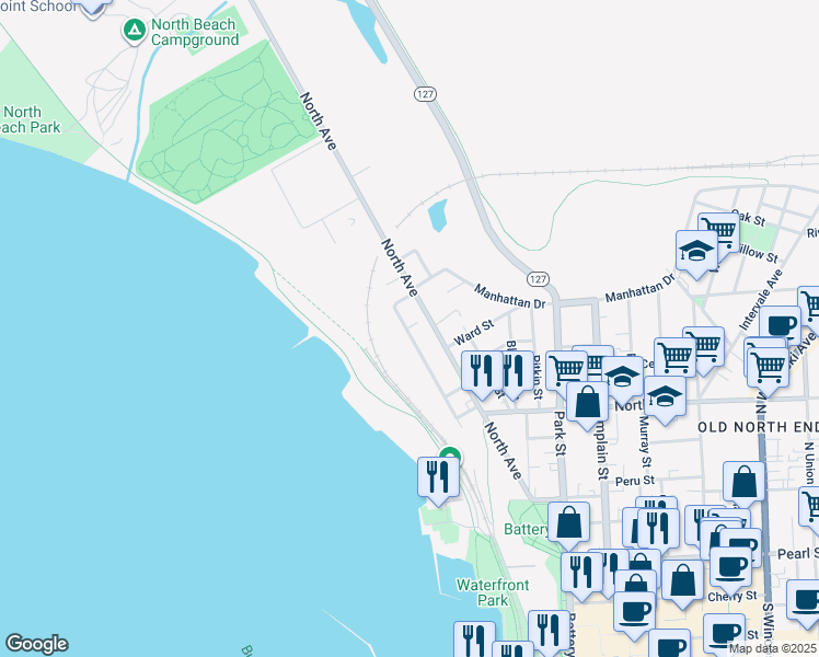 map of restaurants, bars, coffee shops, grocery stores, and more near 120 Lakeview Terrace in Burlington