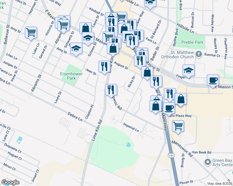 map of restaurants, bars, coffee shops, grocery stores, and more near 1998 Manitowoc Road in Green Bay