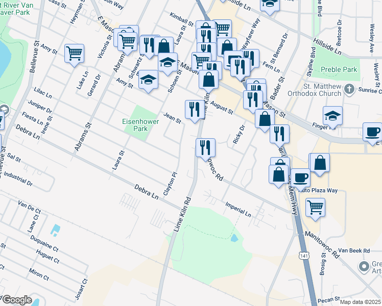map of restaurants, bars, coffee shops, grocery stores, and more near 1000 Lime Kiln Road in Green Bay