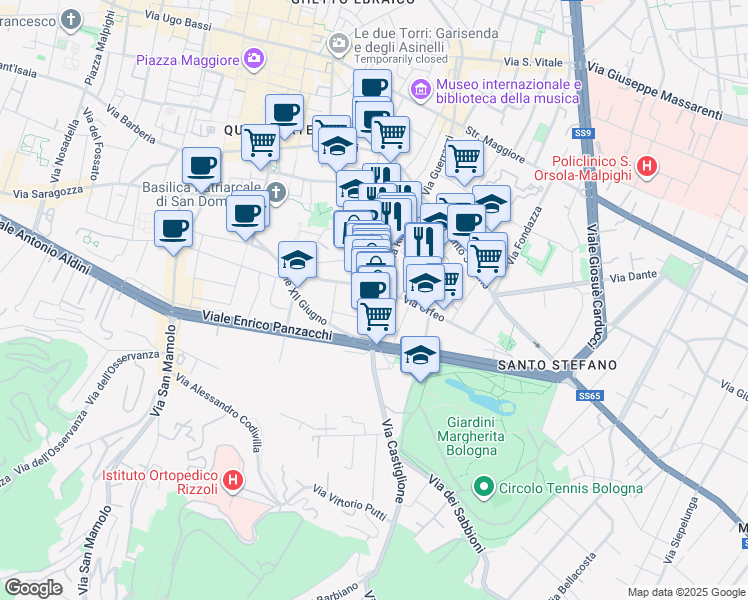 map of restaurants, bars, coffee shops, grocery stores, and more near 51 Via Castiglione in Bologna