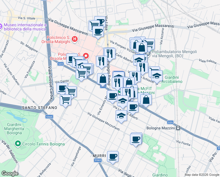 map of restaurants, bars, coffee shops, grocery stores, and more near 138 Via Mazzini in Bologna