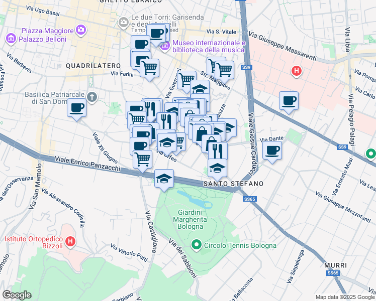map of restaurants, bars, coffee shops, grocery stores, and more near 6 Via Dè Buttieri in Bologna