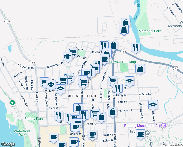 map of restaurants, bars, coffee shops, grocery stores, and more near 237 North Winooski Avenue in Burlington