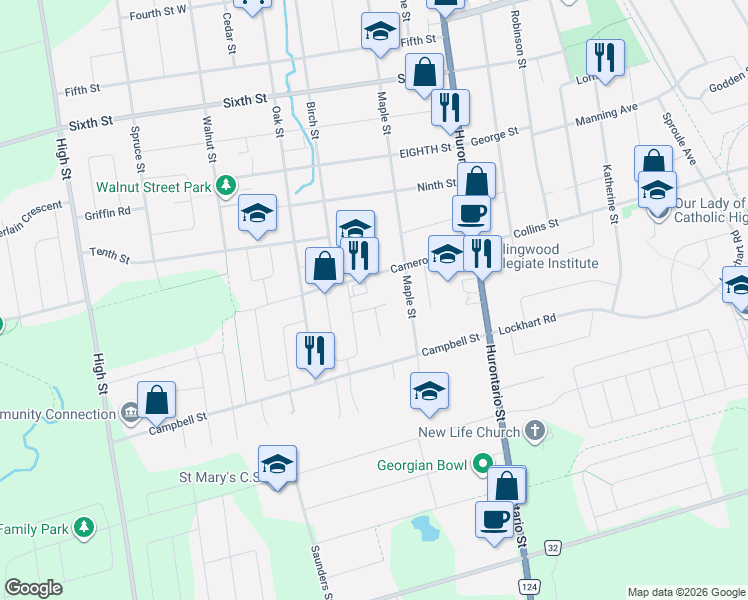 map of restaurants, bars, coffee shops, grocery stores, and more near in Collingwood