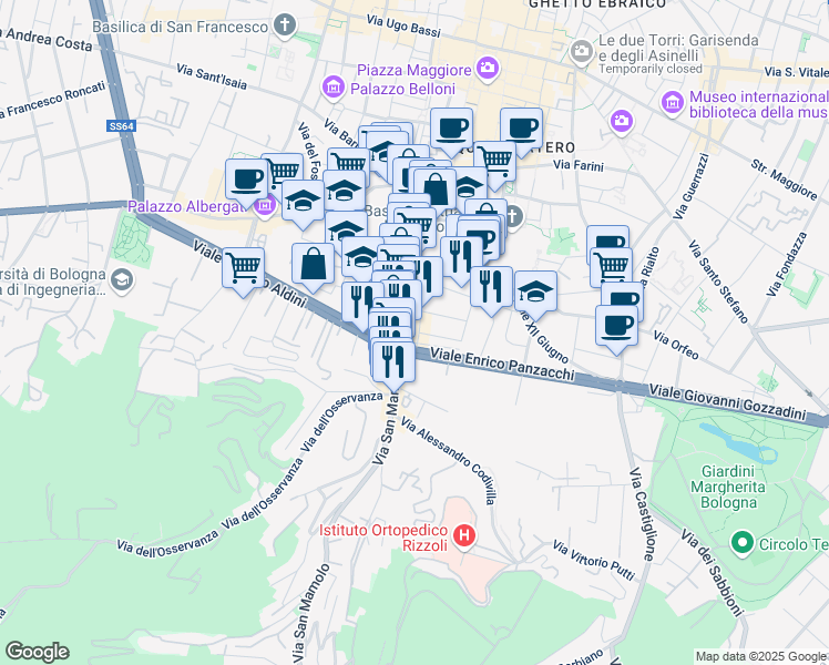 map of restaurants, bars, coffee shops, grocery stores, and more near 19 Via Paglietta in Bologna