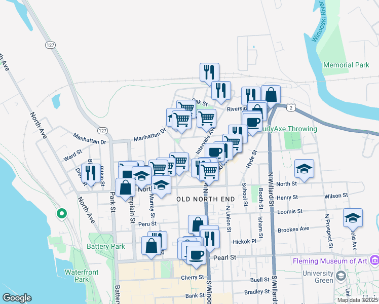 map of restaurants, bars, coffee shops, grocery stores, and more near 31 Spring Street in Burlington