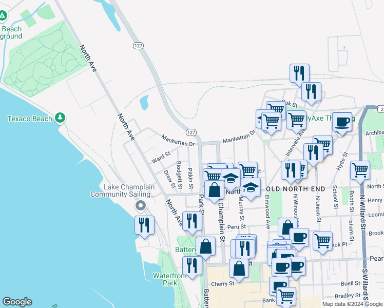 map of restaurants, bars, coffee shops, grocery stores, and more near 225 Park Street in Burlington
