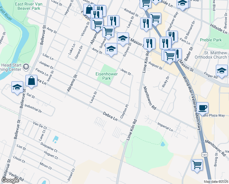 map of restaurants, bars, coffee shops, grocery stores, and more near 1818 Lilac Lane in Green Bay