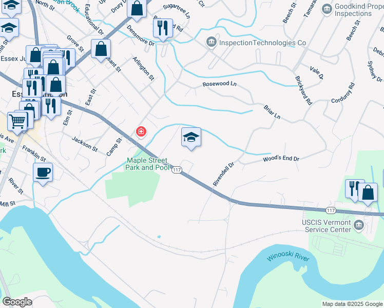 map of restaurants, bars, coffee shops, grocery stores, and more near 104 Maple Street in Essex
