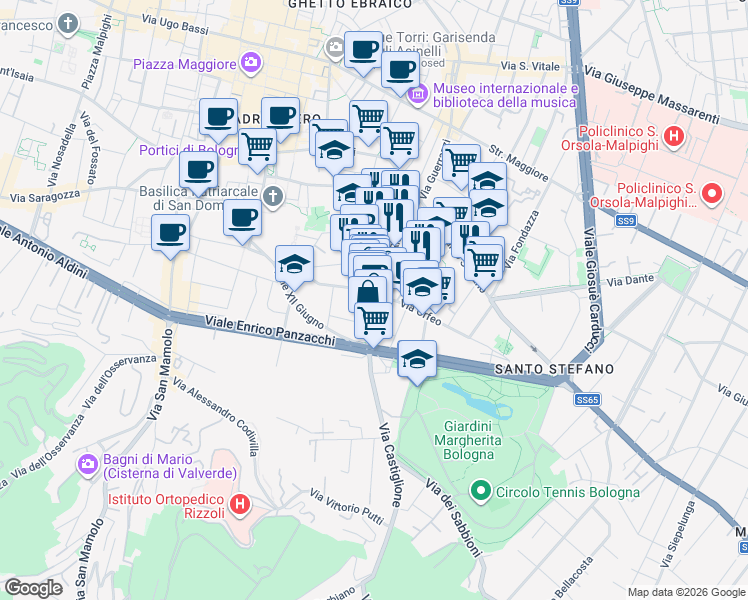 map of restaurants, bars, coffee shops, grocery stores, and more near 12 Via Orfeo in Bologna