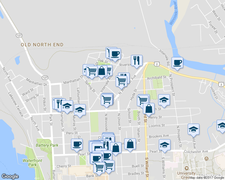 map of restaurants, bars, coffee shops, grocery stores, and more near 30 Decatur Street in Burlington