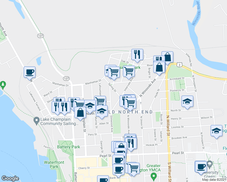 map of restaurants, bars, coffee shops, grocery stores, and more near 31 Spring Street in Burlington