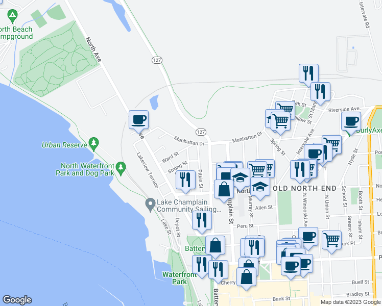 map of restaurants, bars, coffee shops, grocery stores, and more near 86 Blodgett Street in Burlington
