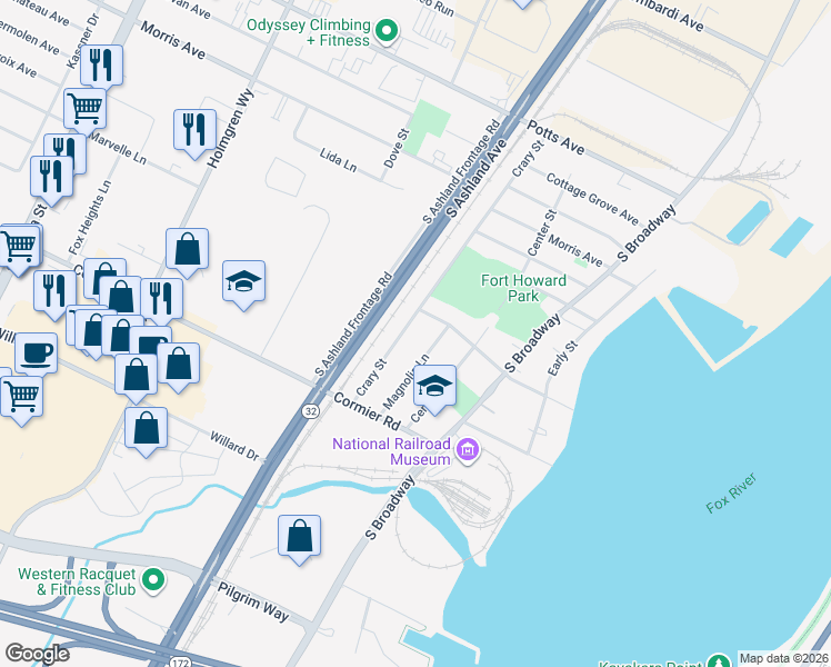 map of restaurants, bars, coffee shops, grocery stores, and more near 2215 Crary Street in Green Bay