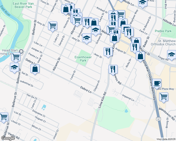 map of restaurants, bars, coffee shops, grocery stores, and more near 1818 Lilac Ln in Green Bay