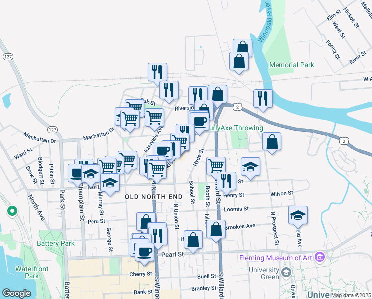 map of restaurants, bars, coffee shops, grocery stores, and more near 258 North Winooski Avenue in Burlington