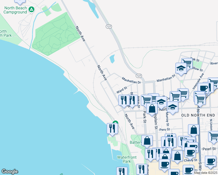map of restaurants, bars, coffee shops, grocery stores, and more near 198 North Avenue in Burlington