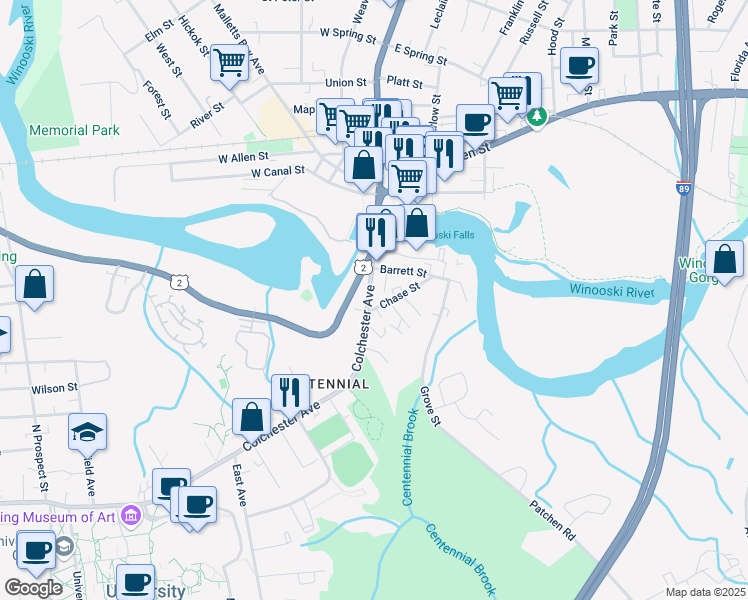 map of restaurants, bars, coffee shops, grocery stores, and more near 445 Colchester Avenue in Burlington