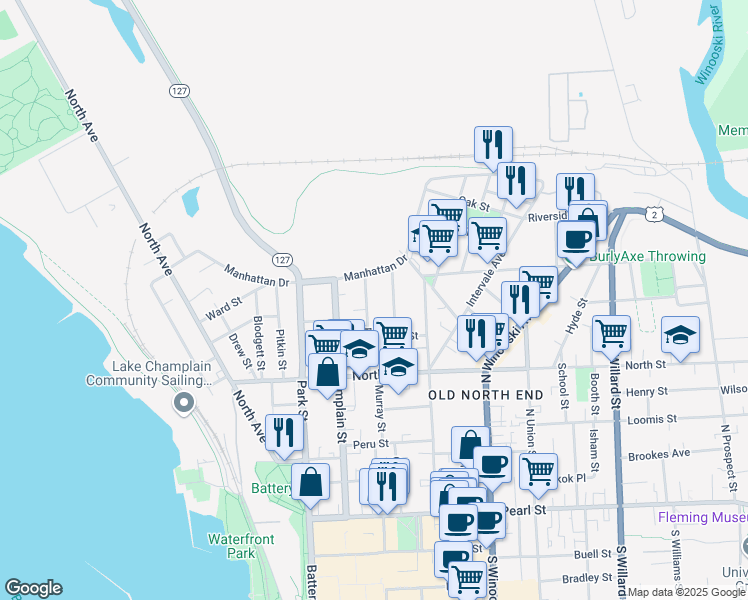 map of restaurants, bars, coffee shops, grocery stores, and more near 78 Rose Street in Burlington