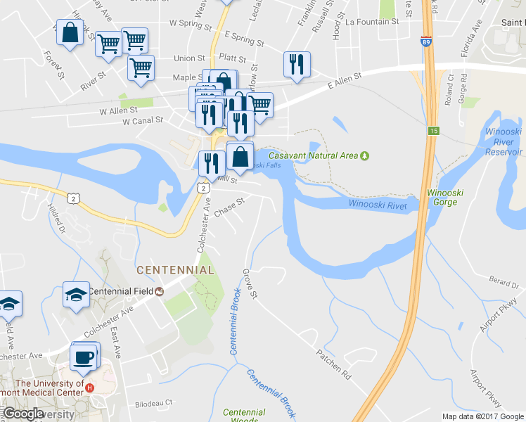 map of restaurants, bars, coffee shops, grocery stores, and more near 26 Grove St in Burlington