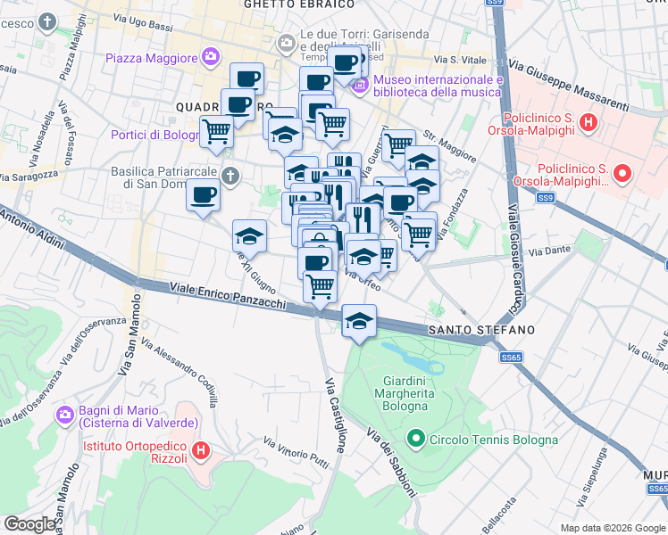 map of restaurants, bars, coffee shops, grocery stores, and more near 12 Via Orfeo in Bologna
