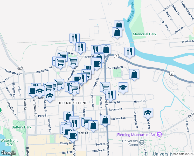 map of restaurants, bars, coffee shops, grocery stores, and more near 79 Hyde St in Burlington