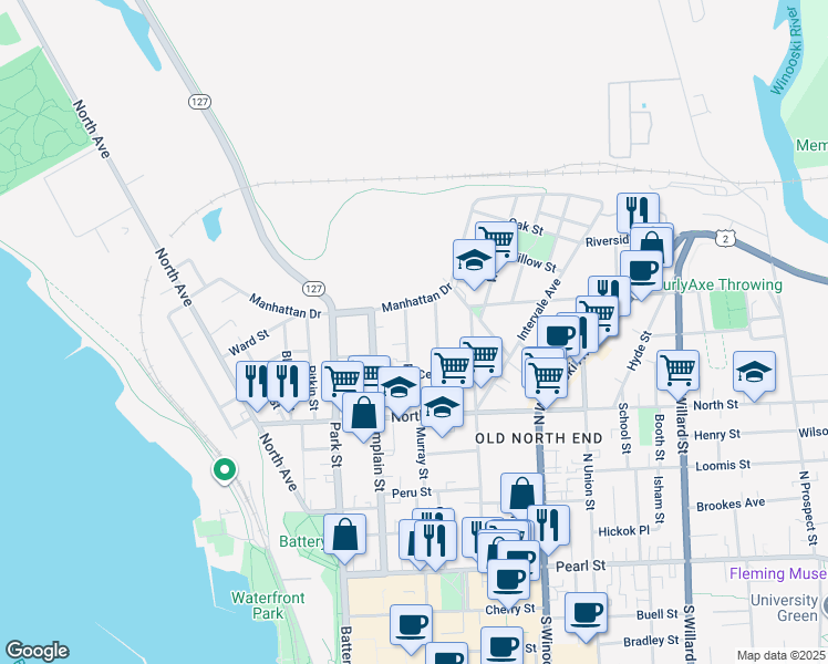 map of restaurants, bars, coffee shops, grocery stores, and more near 78 Rose Street in Burlington