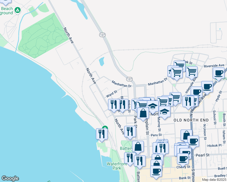 map of restaurants, bars, coffee shops, grocery stores, and more near 40 Ward St in Burlington