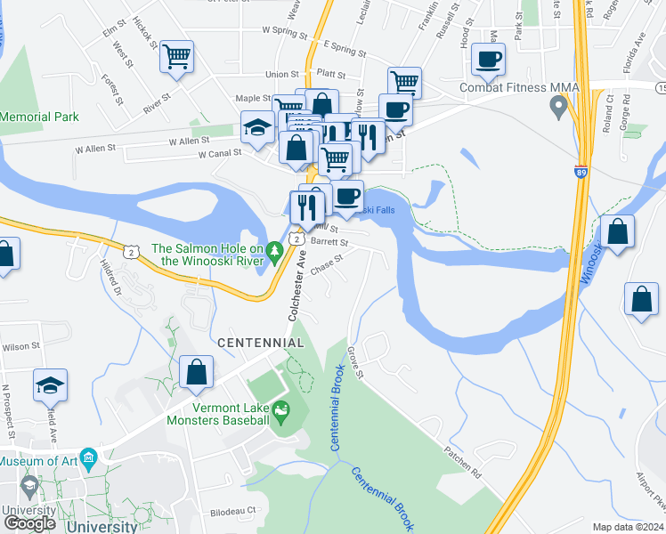 map of restaurants, bars, coffee shops, grocery stores, and more near 37 Chase Street in Burlington