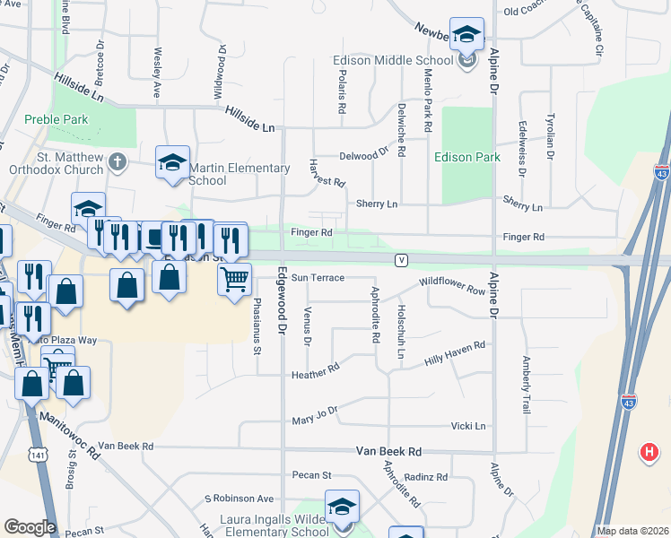 map of restaurants, bars, coffee shops, grocery stores, and more near 2551 Sun Terrace in Green Bay