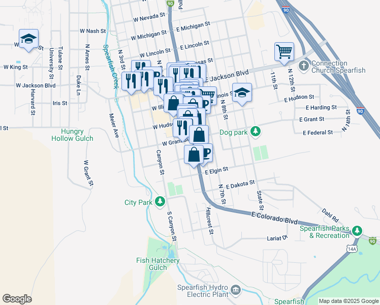 map of restaurants, bars, coffee shops, grocery stores, and more near 405 North Main Street in Spearfish