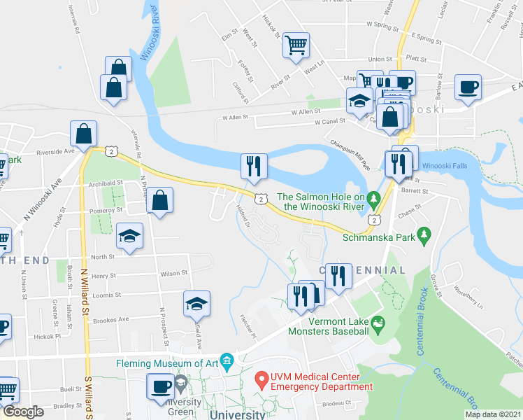 map of restaurants, bars, coffee shops, grocery stores, and more near 43 Hildred Drive in Burlington