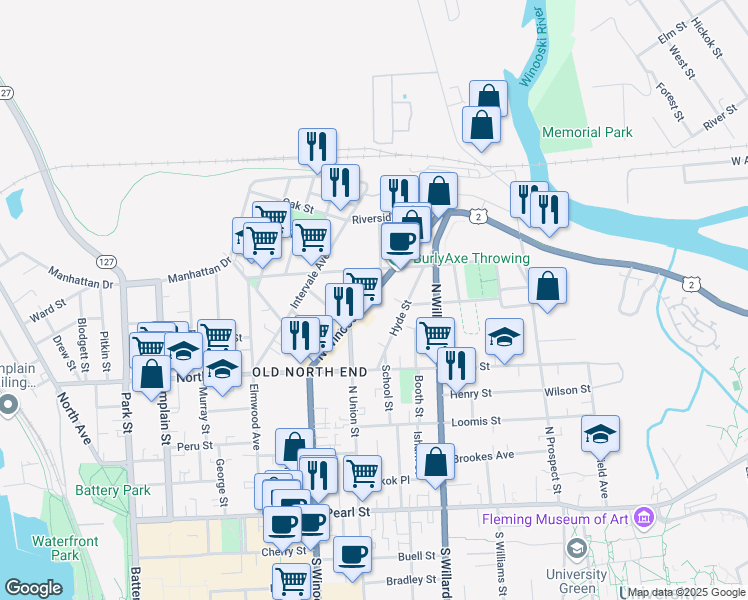 map of restaurants, bars, coffee shops, grocery stores, and more near 241 North Winooski Avenue in Burlington