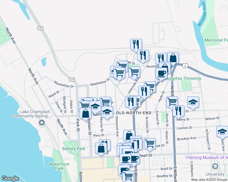 map of restaurants, bars, coffee shops, grocery stores, and more near 31 Spring Street in Burlington