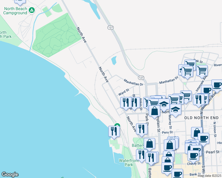map of restaurants, bars, coffee shops, grocery stores, and more near 198 North Avenue in Burlington