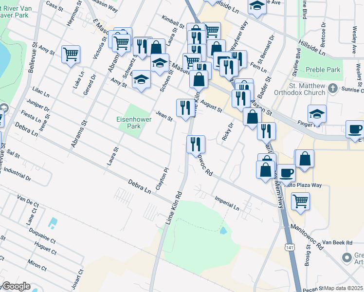 map of restaurants, bars, coffee shops, grocery stores, and more near 1000 Lime Kiln Road in Green Bay