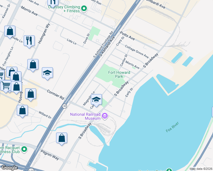 map of restaurants, bars, coffee shops, grocery stores, and more near 2189 Center Street in Green Bay
