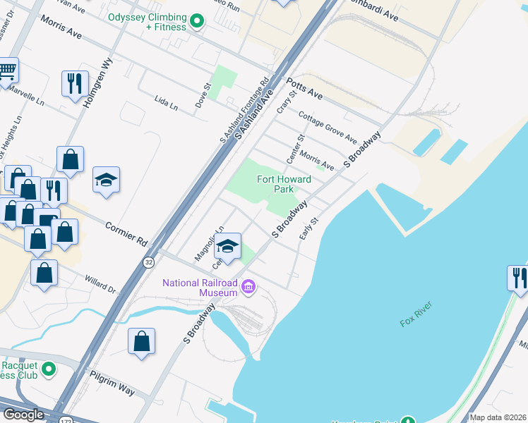 map of restaurants, bars, coffee shops, grocery stores, and more near 2189 Center Street in Green Bay